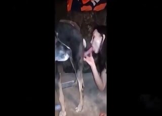 Energetic brunette sucks an enormous pup penis