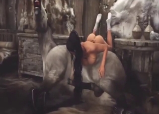 Zoophile with fake tits takes horse's cock deep
