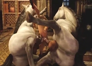 Zoo XXX with a busty brunette, two horses