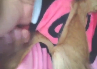 Half-naked and hairy dude fools around with dog