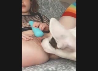 Adorable girlie lets that dog lick that pussy hard